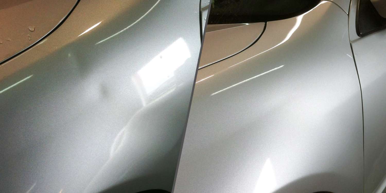 Voiture grise avant et après un choc sur la carrosserie
