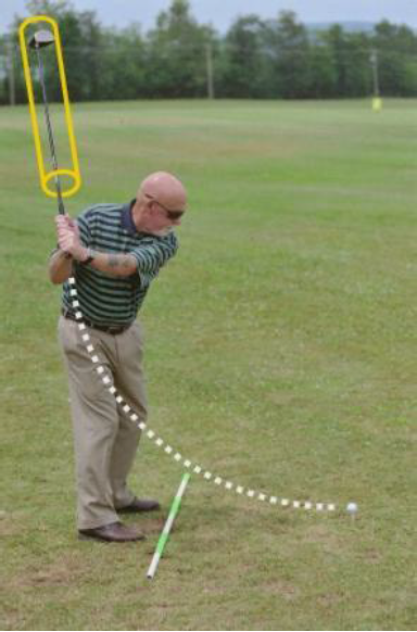 The butt end of the club must pass over the ball plane as shown by the dotted line above