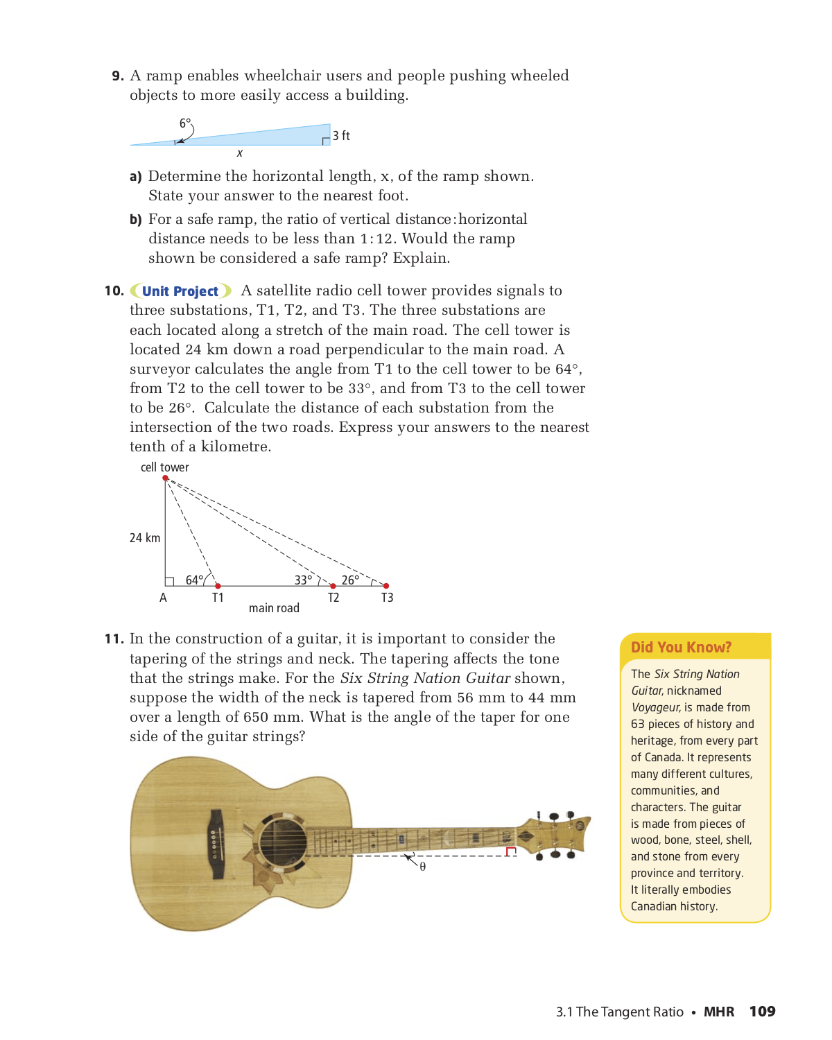 Textbook page with math problems involving right triangles and sound waves, including a diagram of Voyageur.
