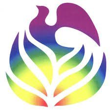Rainbow-colored bird logo with white abstract flame or leaf shapes on a white background