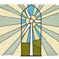Stained-glass-style wind turbine with blue and yellow rays over a green base
