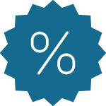 Blue starburst with white percentage symbol.
