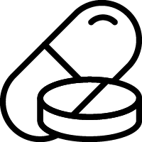 A black and white icon of a capsule and two pills.