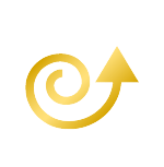 A gold swirl with an arrow pointing up on a white background.