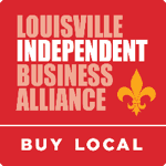 Louisville Independent Business Alliance logo with “Buy Local” on a red background and gold fleur-de-lis