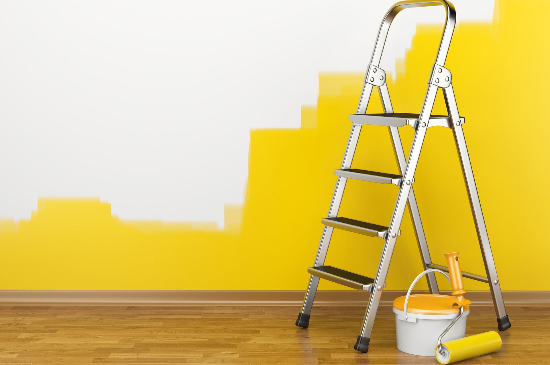 Paint roller and ladder beside a yellow-painted wall in a room with a wood floor