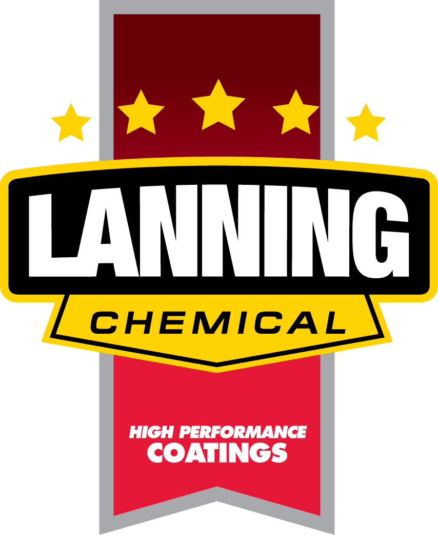 Lanning Chemical logo with gold stars, black and yellow banner, and red high performance coatings label