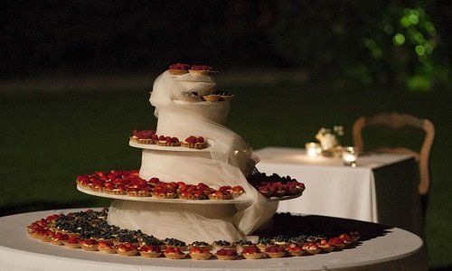 un tavolo in un giardino e sopra delle crostatine ai frutti di bosco
