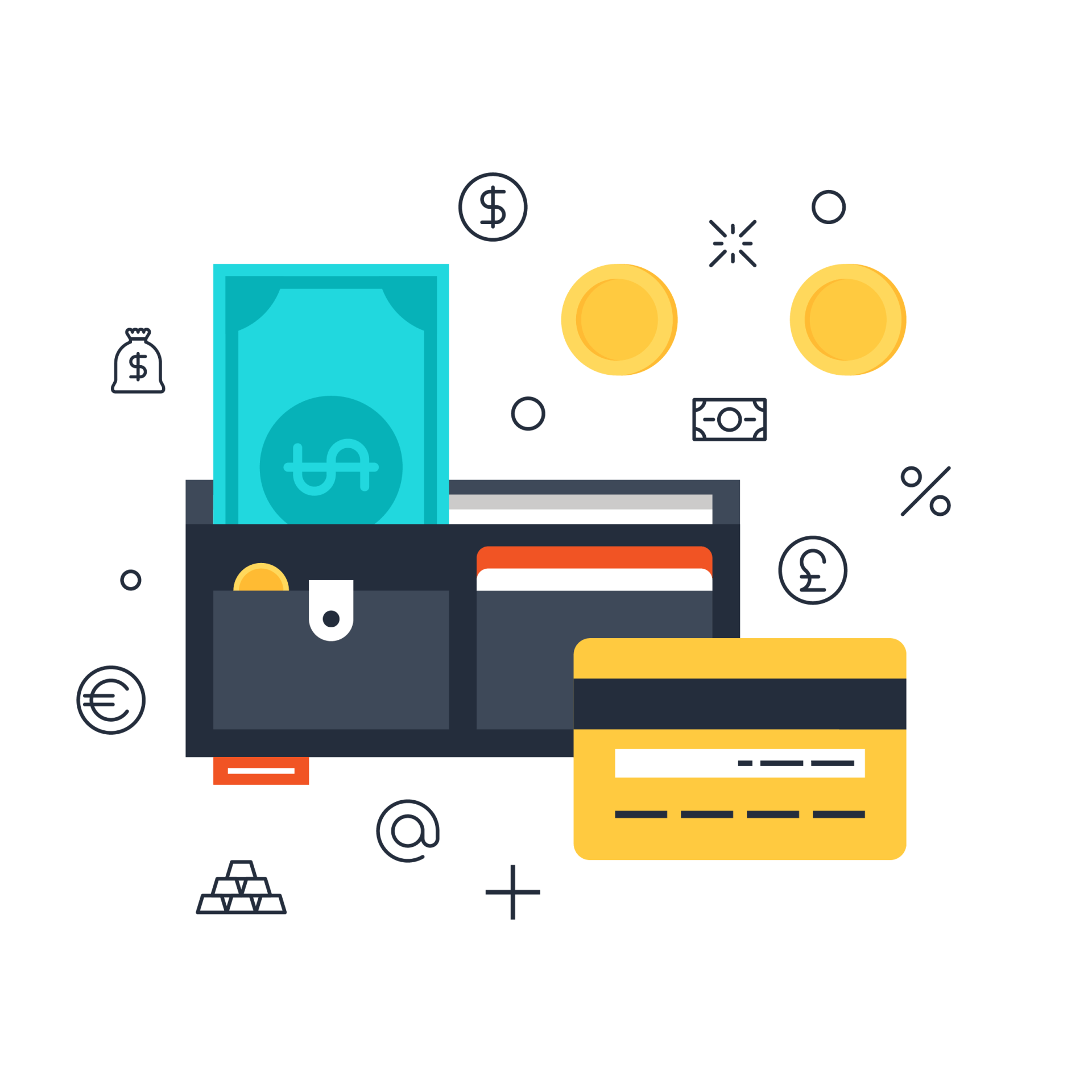 An illustration of a wallet , credit card , and money