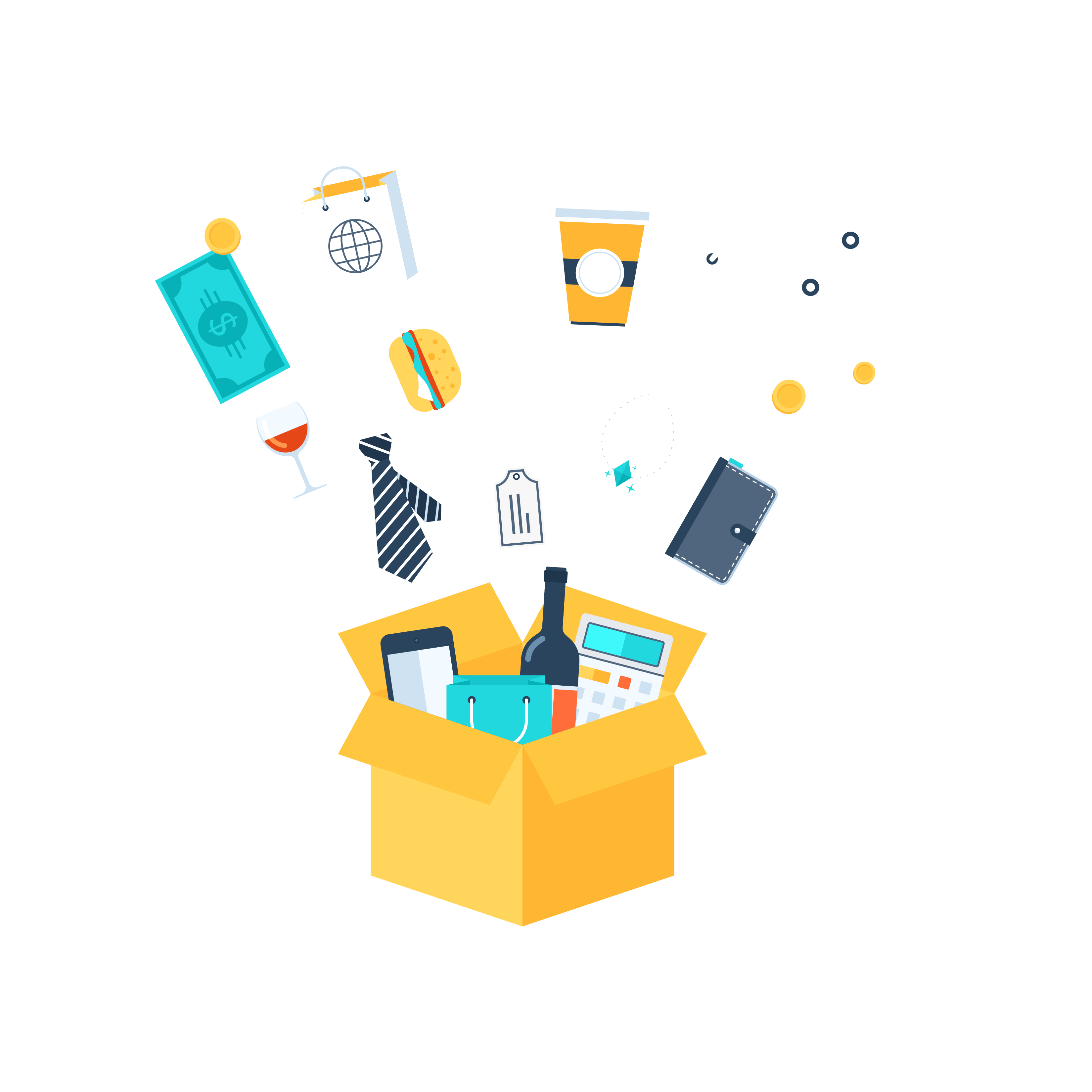 A box filled with various items including a bottle of wine