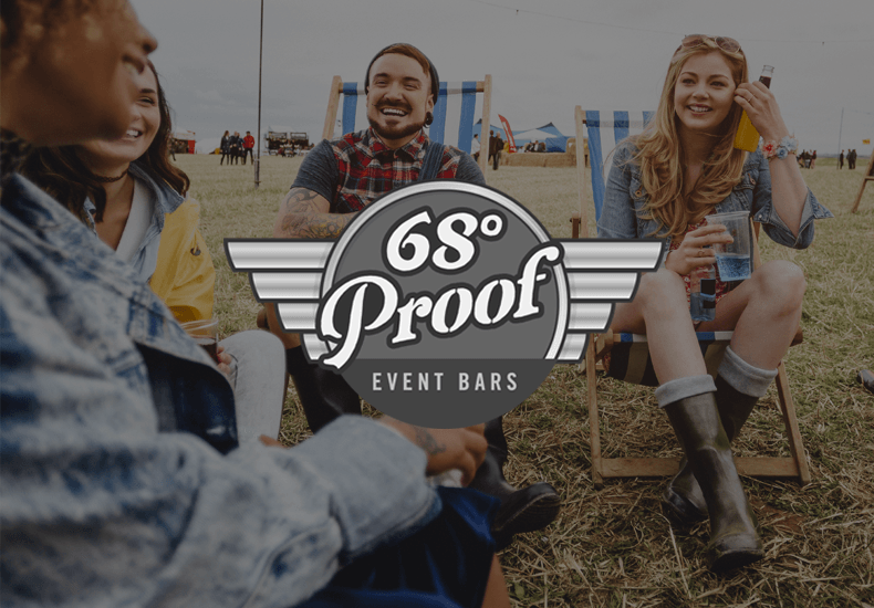 A group of people sitting in lawn chairs with 68 proof event bars in the background