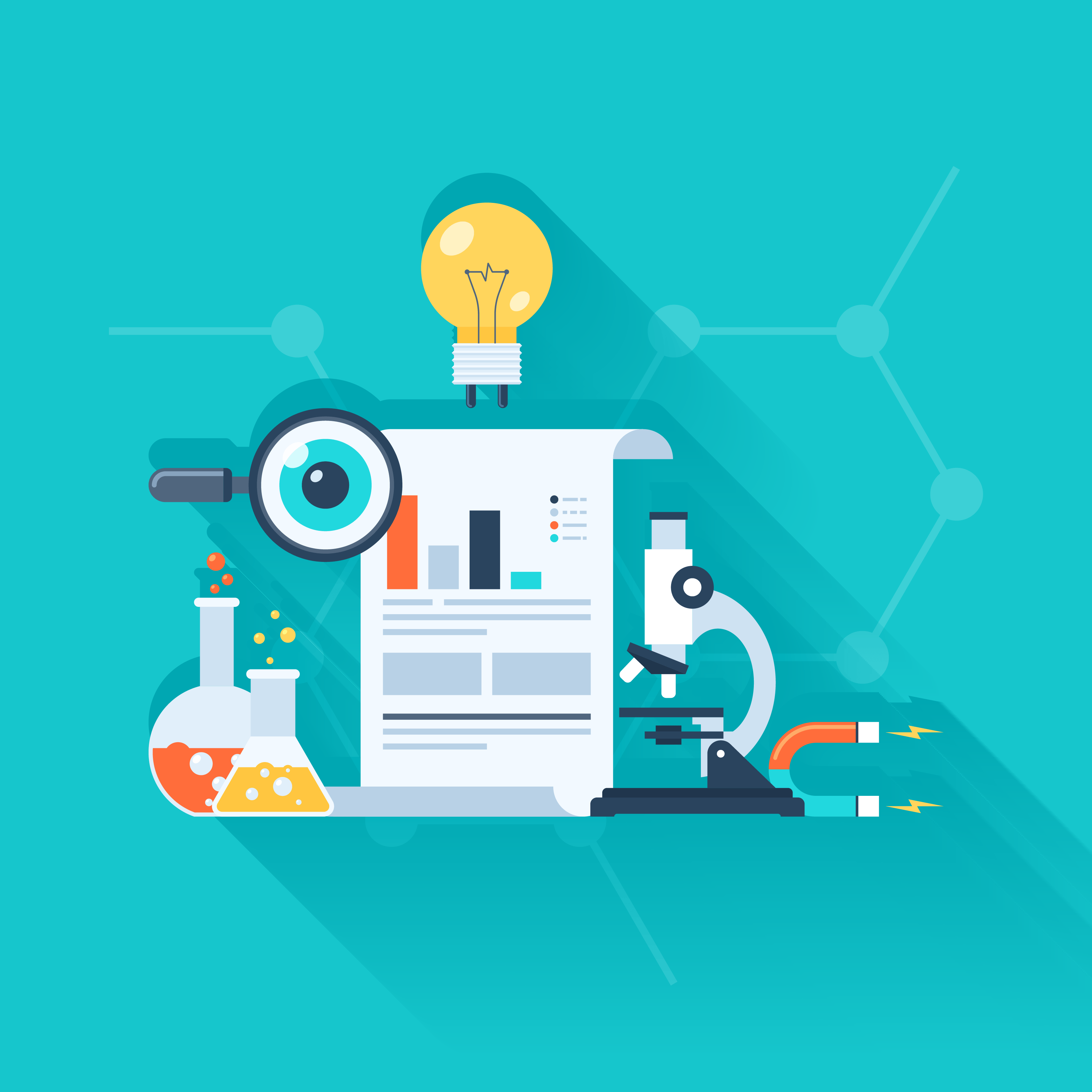An illustration of a microscope a magnifying glass and a light bulb