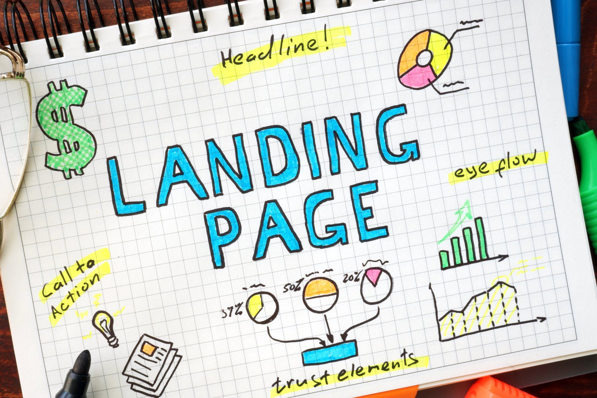 A notebook with the words landing page written on it