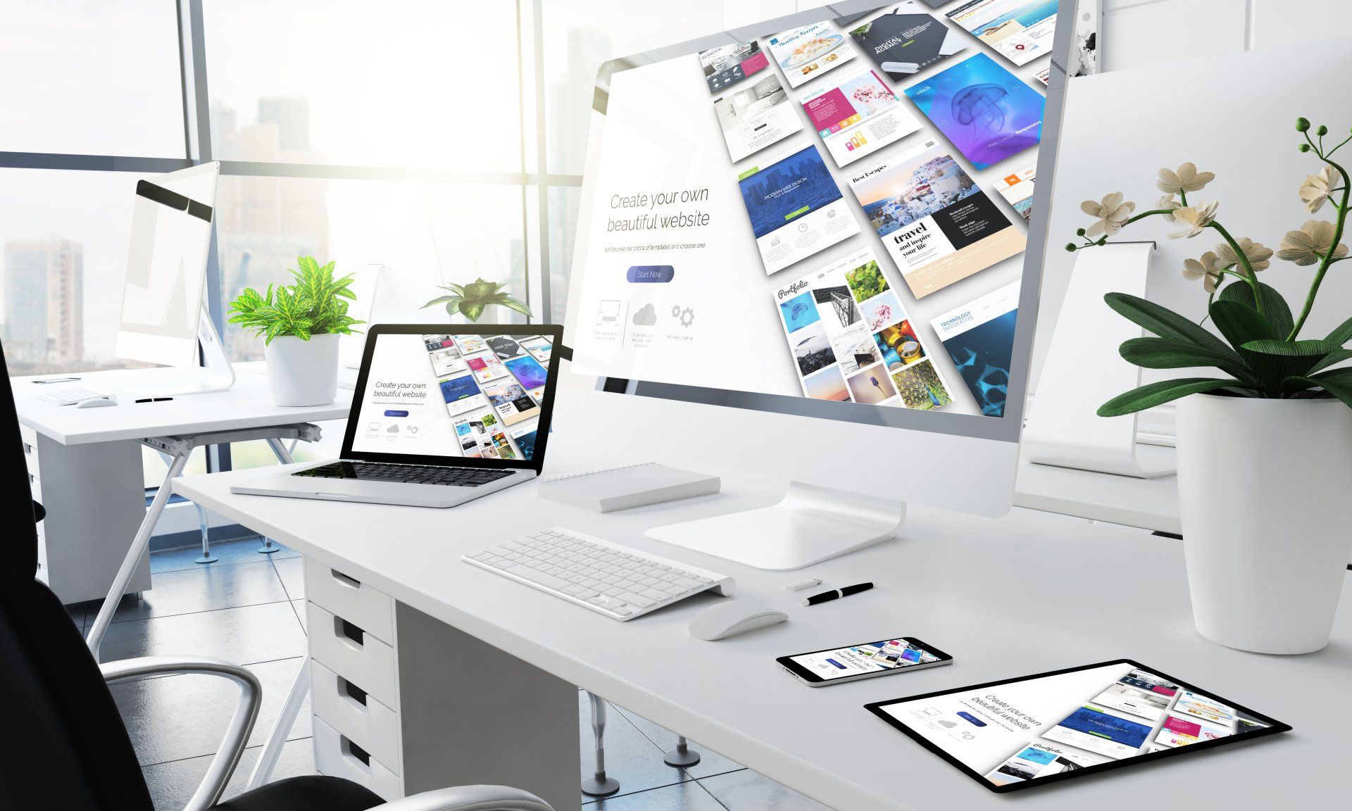 A desk with a laptop computer and a tablet on it