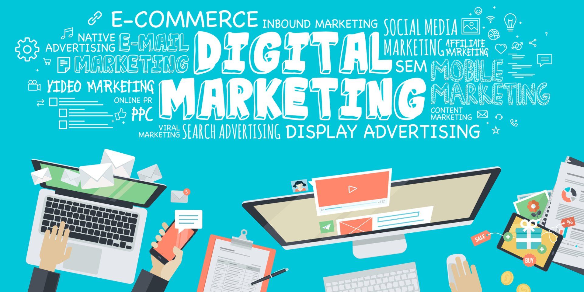 A blue background with digital marketing written on it