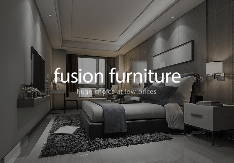 A black and white photo of a bedroom with the words fusion furniture on the bottom