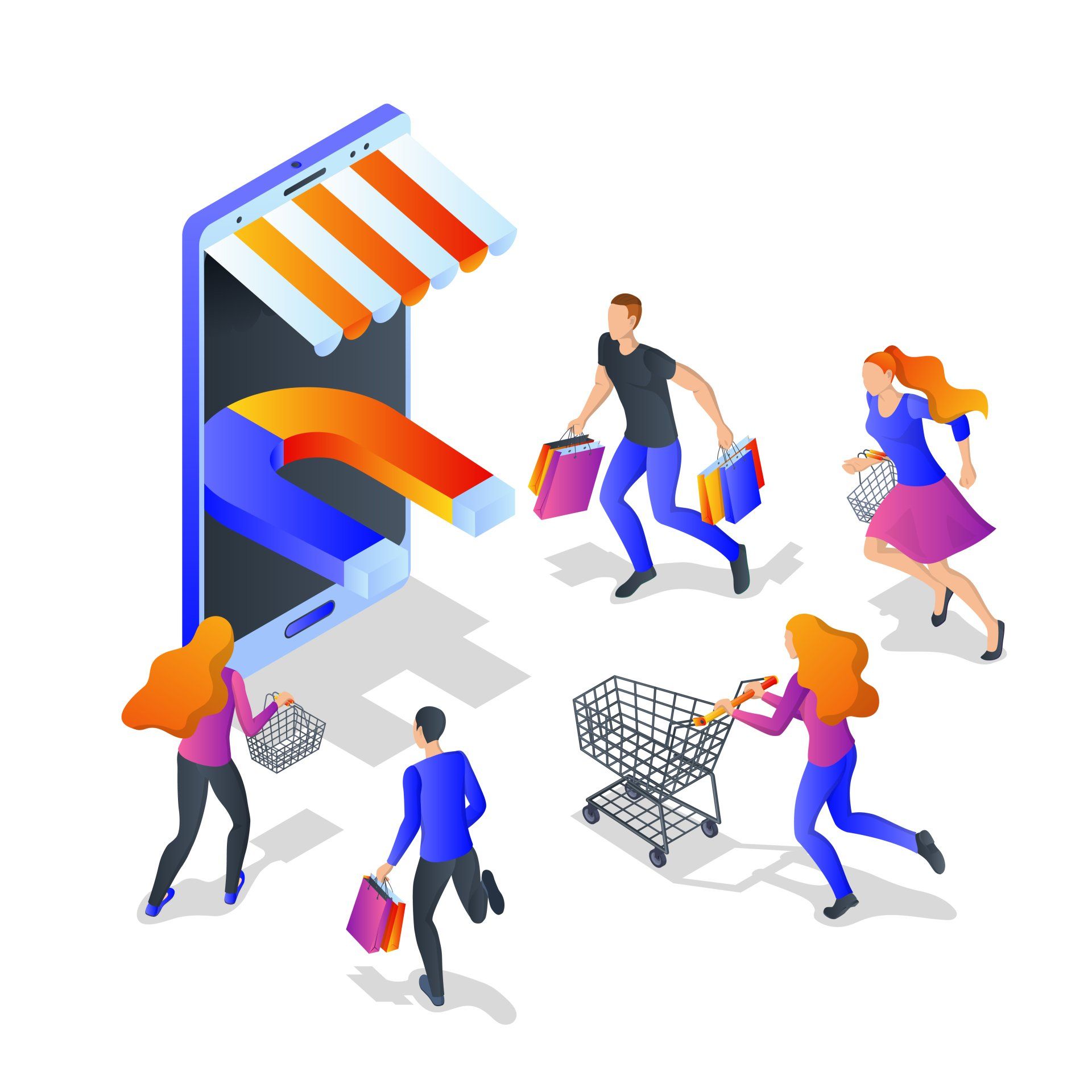 An isometric illustration of people shopping on a cell phone