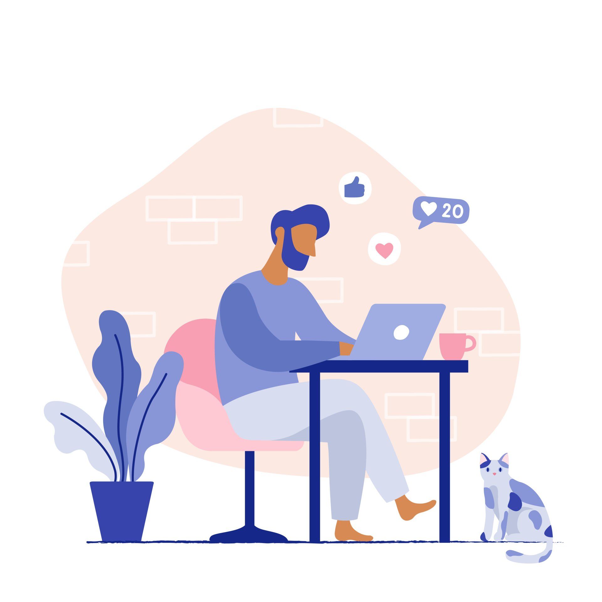 A man is sitting at a table using a laptop next to a cat.