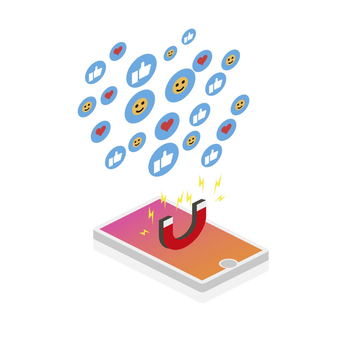 An isometric illustration of a cell phone with a magnet attracting likes and hearts.