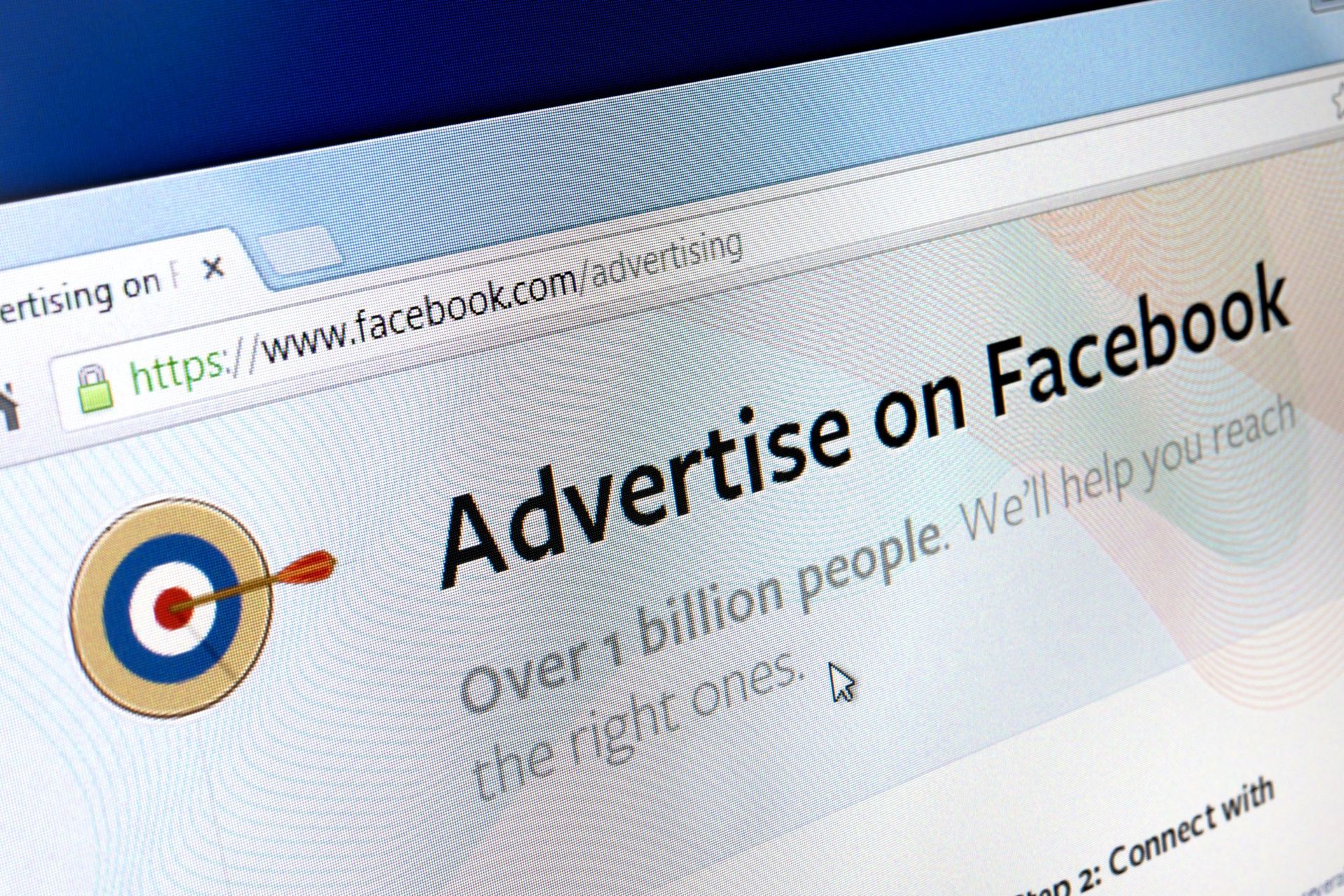 A computer screen that says advertise on facebook