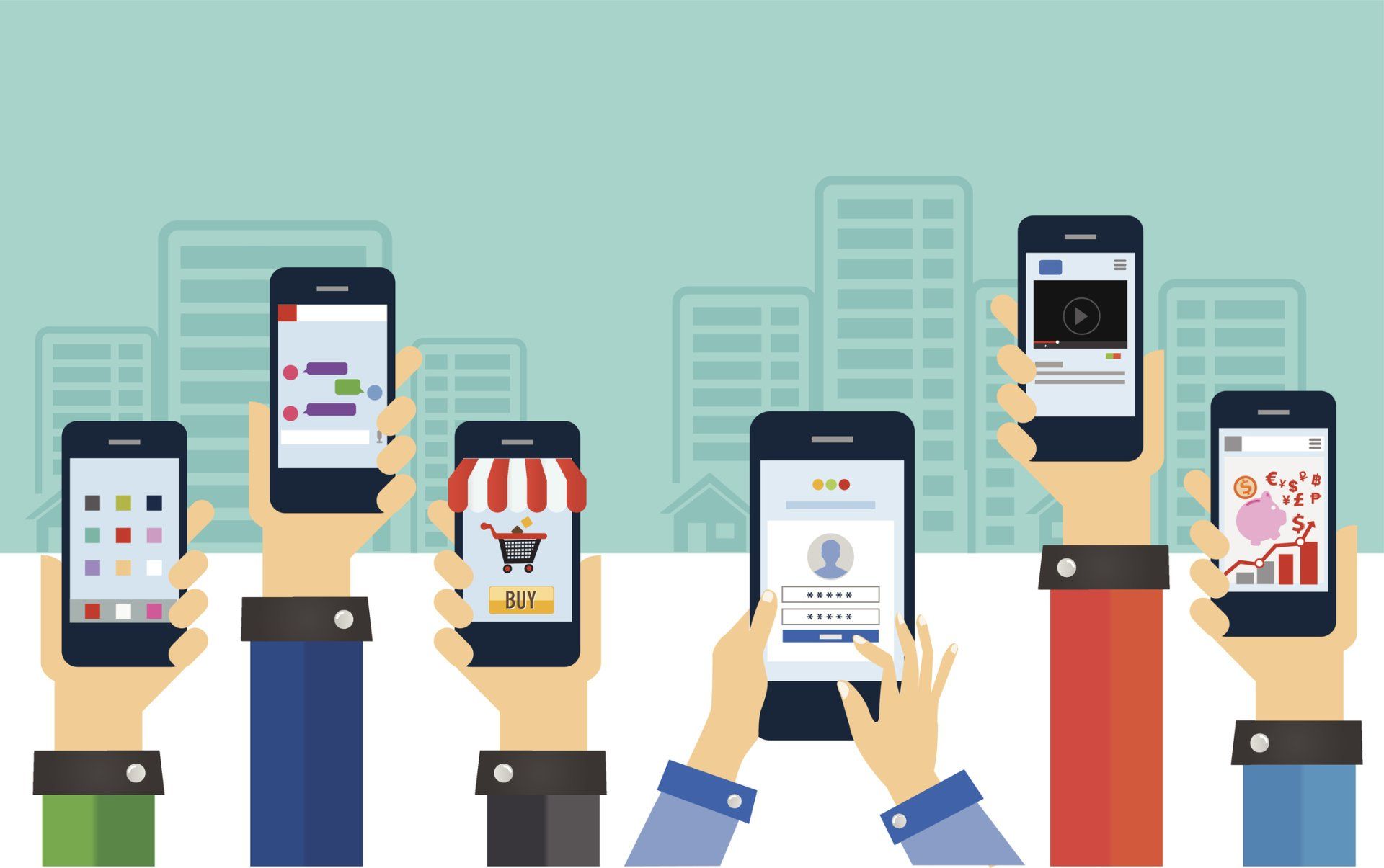 A group of hands holding cell phones with different apps on them