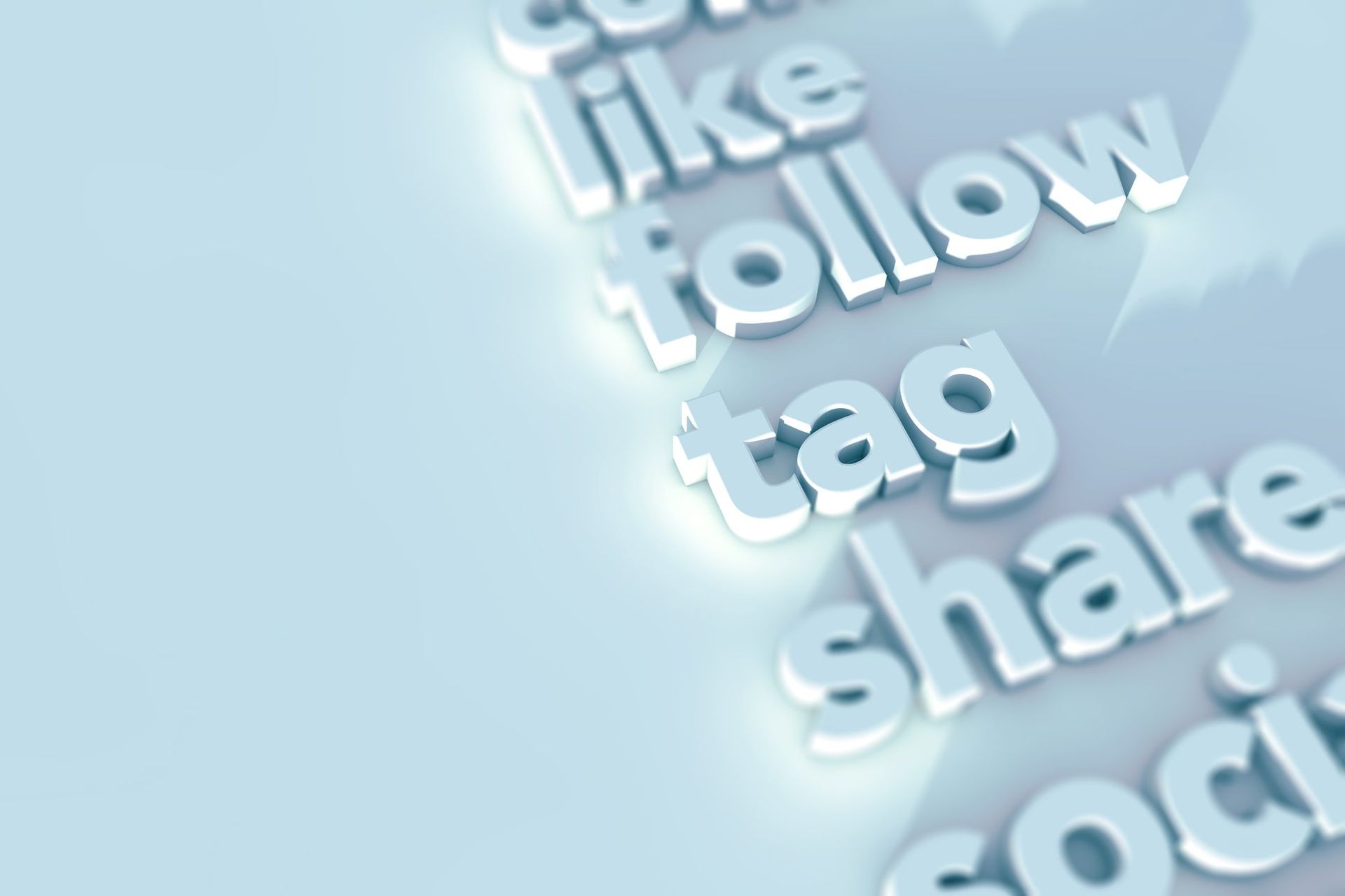 A blue background with the words like follow tag share and social