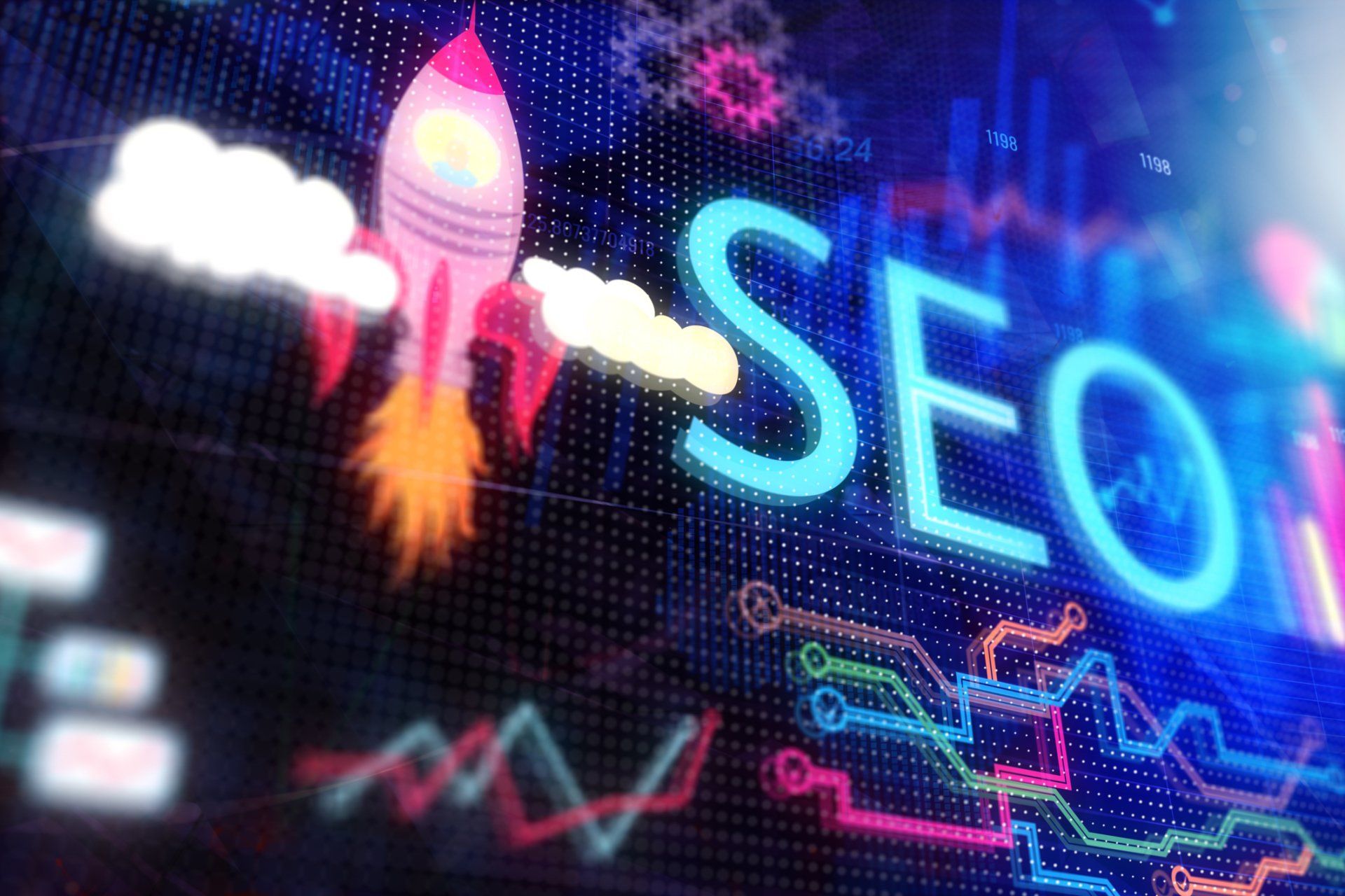 A neon sign that says seo with a rocket in the background