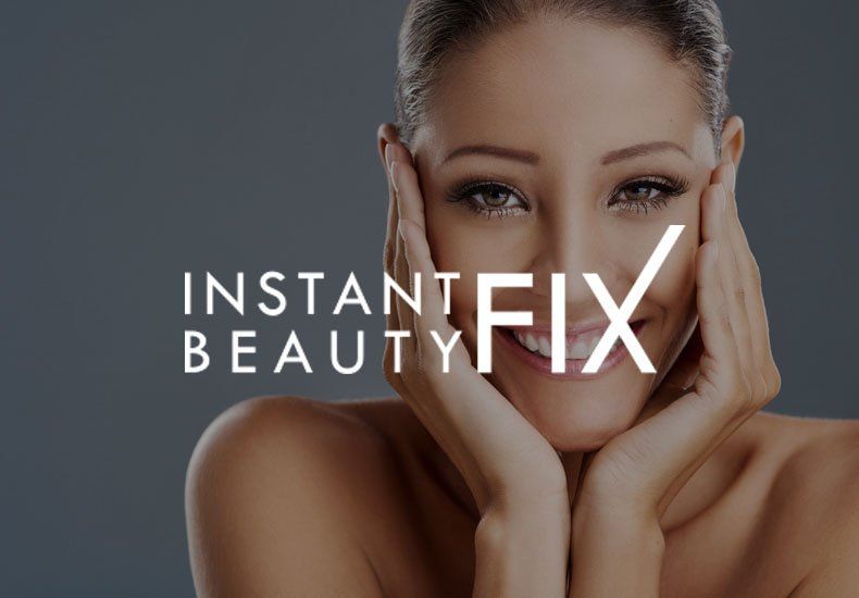A woman is smiling with her hands on her face in front of a logo for instant beauty fix