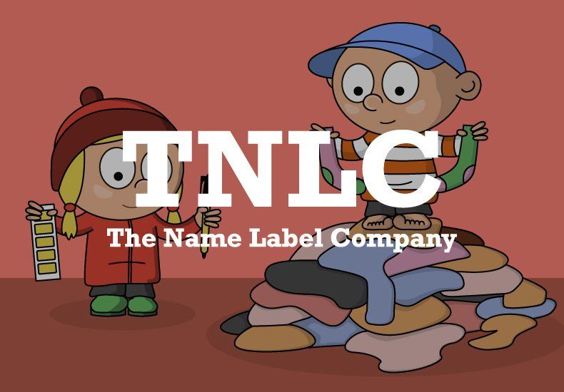 A cartoon of two kids standing next to a pile of clothes that says tnlc the name label company