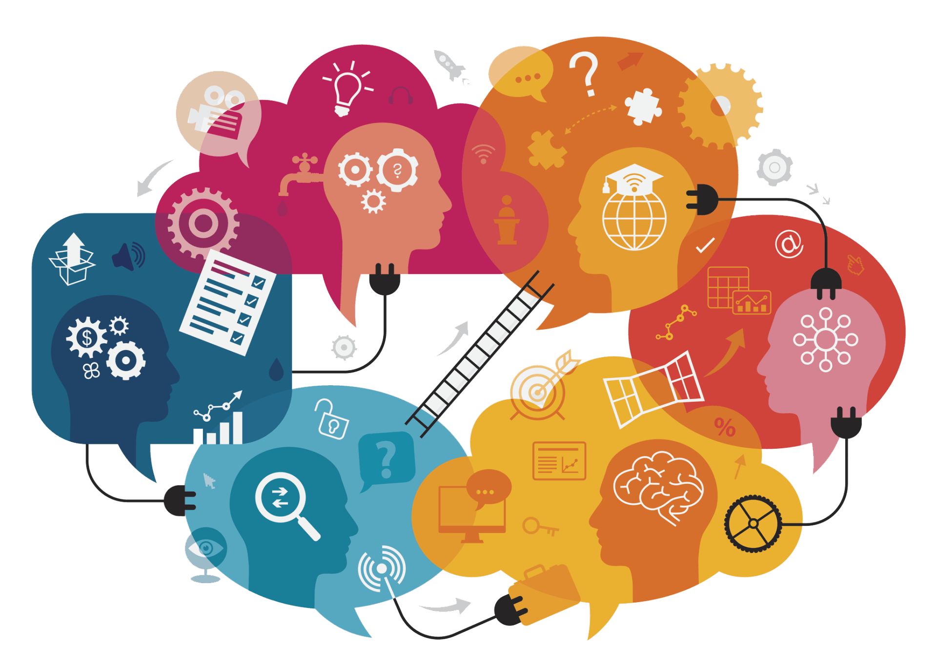 An illustration of a brain with speech bubbles and a ladder