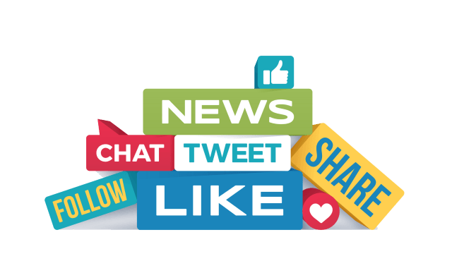 A stack of blocks that say news chat tweet share like and follow