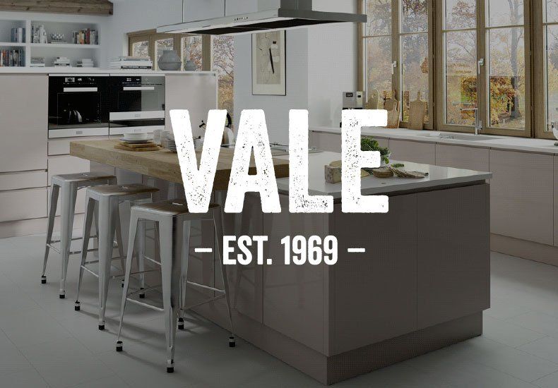 A kitchen with the word vale written on it