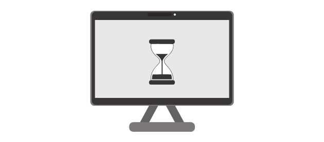 A computer monitor with an hourglass on the screen.