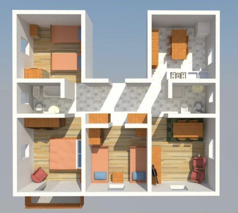 Una planimetria 3D di una casa che mostra camere da letto e bagni