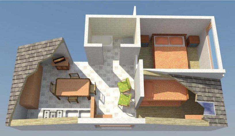 Una planimetria 3D di una casa con un letto e un tavolo