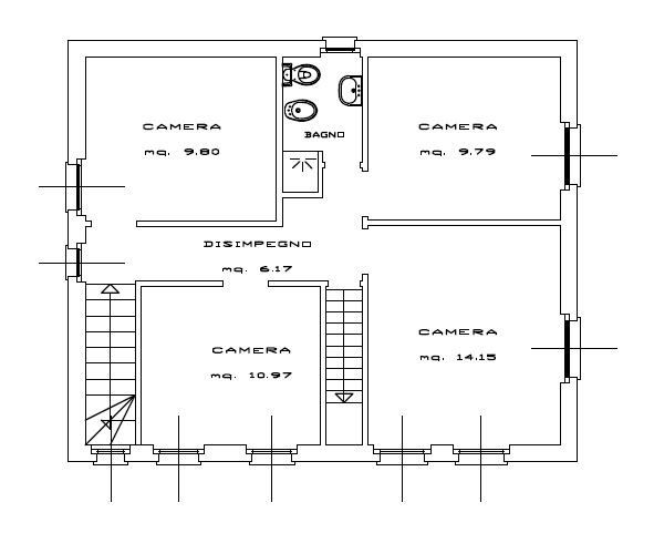 Una planimetria in bianco e nero di una casa con scale.