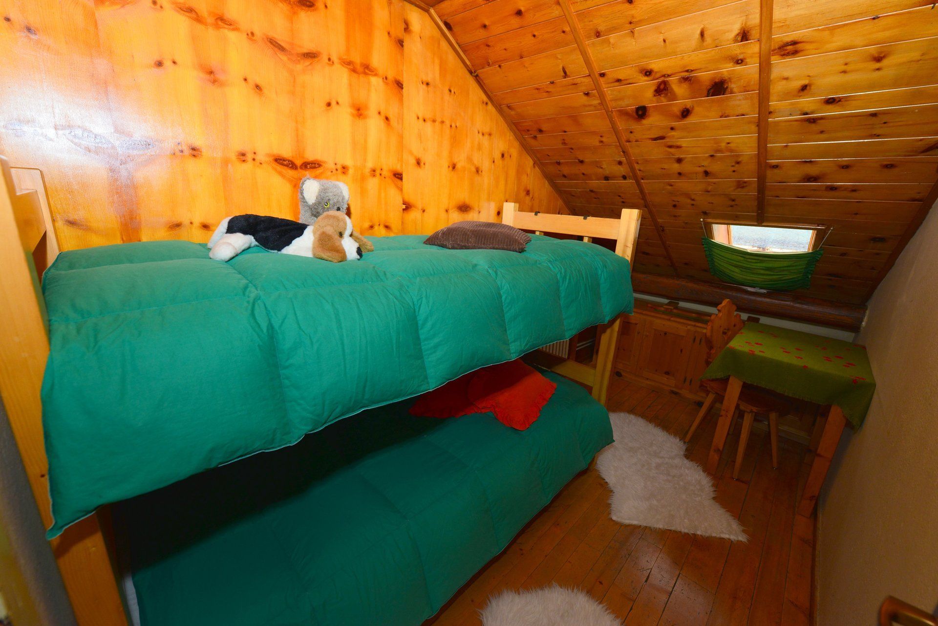 Un gatto è sdraiato su un letto a castello con una coperta verde.