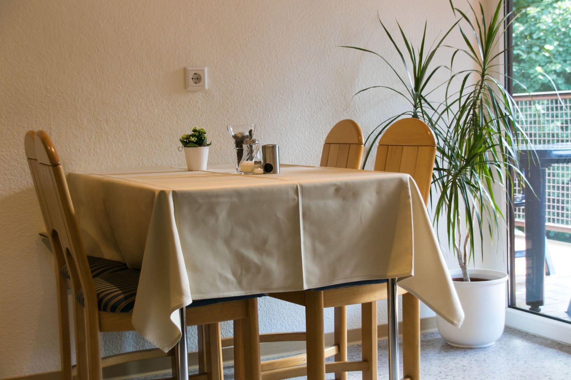 Ein Tisch und Stühle in einem Raum mit einer Pflanze