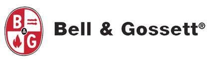 Bell & Gossett logo: red and white circular emblem with text and a fire symbol, next to bold text.