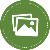 Two overlapping image icons in white, set on a green circular background.