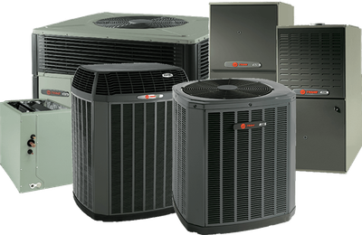 Air conditioning and heating units, various sizes and styles, gray and black.