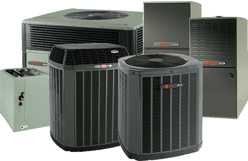 Air conditioning and heating units, various sizes and styles, gray and black.