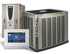 York HVAC system: Furnace, AC unit, and digital thermostat.