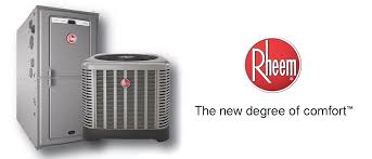 Rheem HVAC system. Gray furnace and air conditioner with Rheem logo, red circle, and