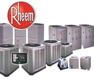Rheem HVAC equipment: air conditioners, furnaces, and thermostats. Red and white logo.