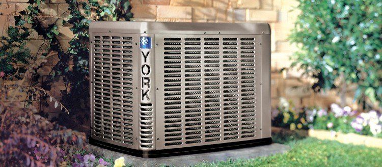 York air conditioning unit outside next to a brick wall and green plants.