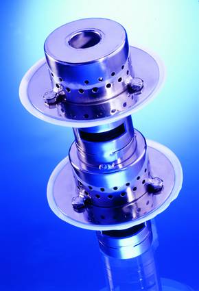 A close up of a metal object on a blue background
