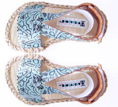 Vitalsole Thai embossed blue leather open toe kids sandals and black vitalsole logo red circle black and red text below