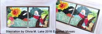 contemporary,impressionist,staycation,eggshell mosaics,eggshells,eggshell art,mixed media,framed art,Olivia M. lake,olivia m lake,olivia lake,megan,surreal art,hibiscus,mountains,ocean,people,women,ladies,palm trees,Hawaiian scenes,acrylic painting,mosaics,fish,