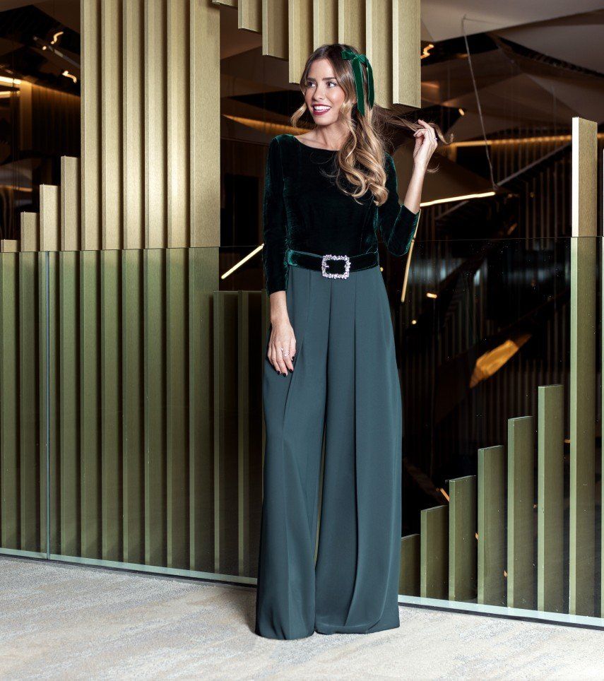elegant woman with matching top and long skirt